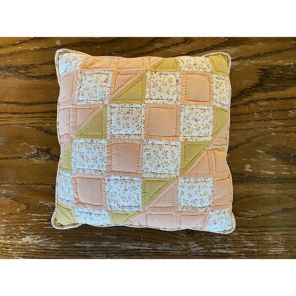 Vintage Quilted Floral Throw Pillow 11" x 11" Peach & Yellow Patchwork Design Ha - Picture 1 of 5